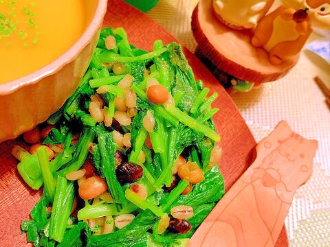 法蓮草と蒸し大豆もち麦MIXの昆布茶バターソテー